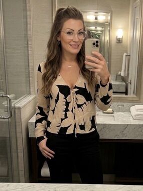 Billabong Beige and Black Tie-Front Printed Blouse